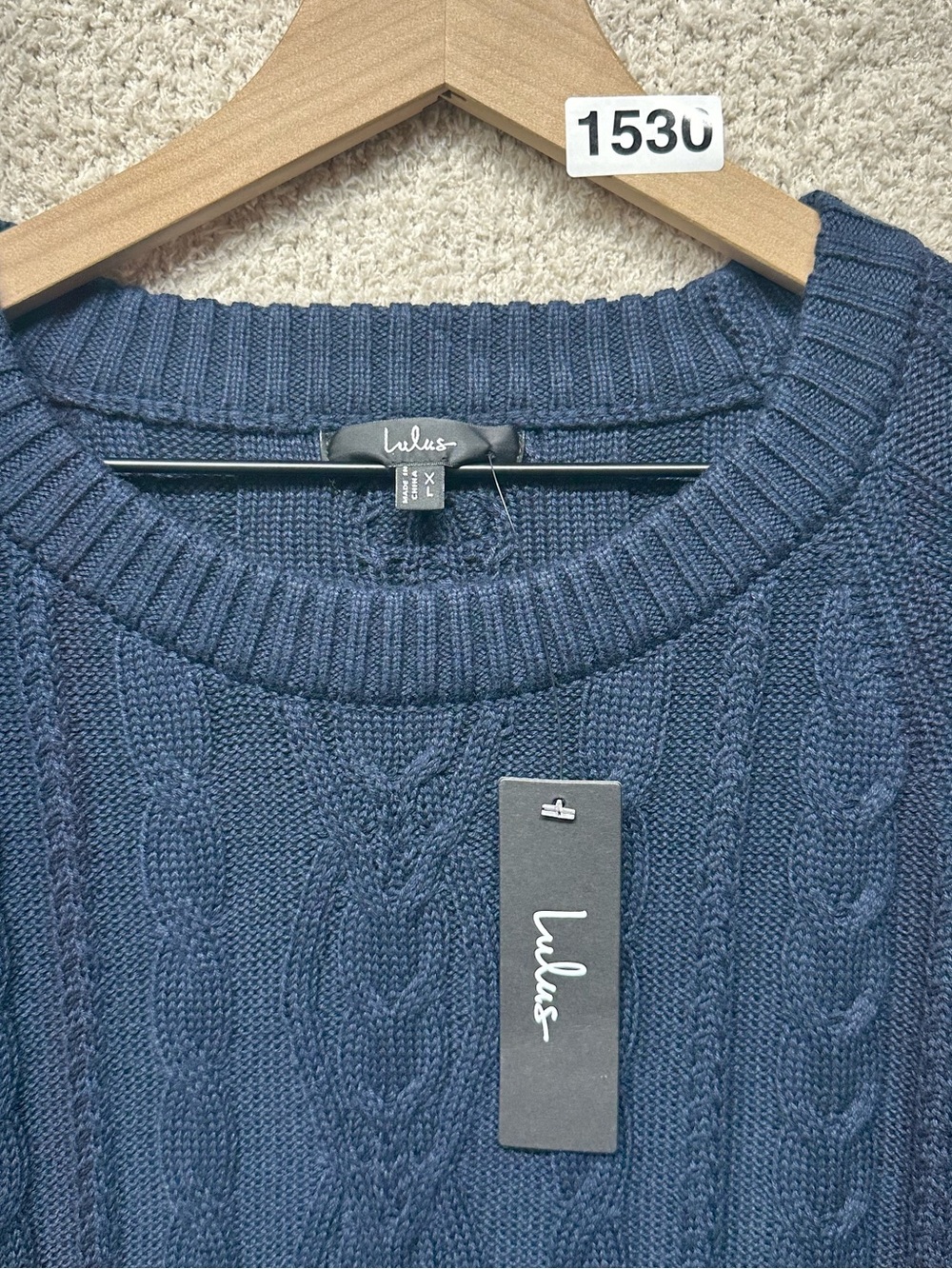 Lulus Cable Knit Sweater Dress Navy Blue Chiffon Hem Layered Mini Shift XL NWT - Picture 4 of 8